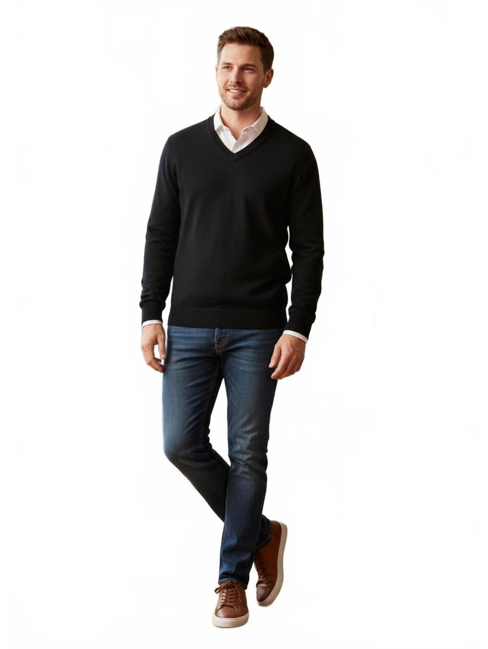 Alan Flusser Men Large Black 100% Cashmere V-Neck Sweater 2-Ply